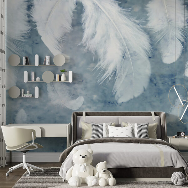 White feathers on a blue surface