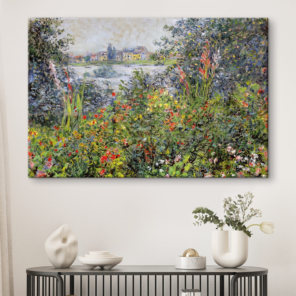 A painting of a garden with flowers and trees