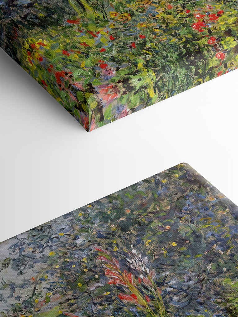 A painting of a garden with flowers and trees