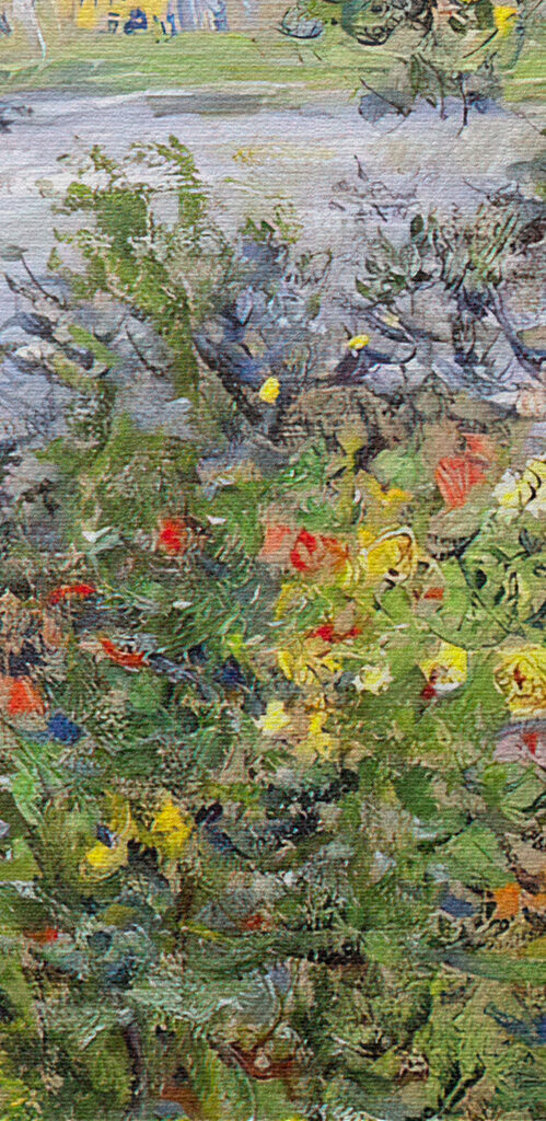 A painting of a garden with flowers and trees
