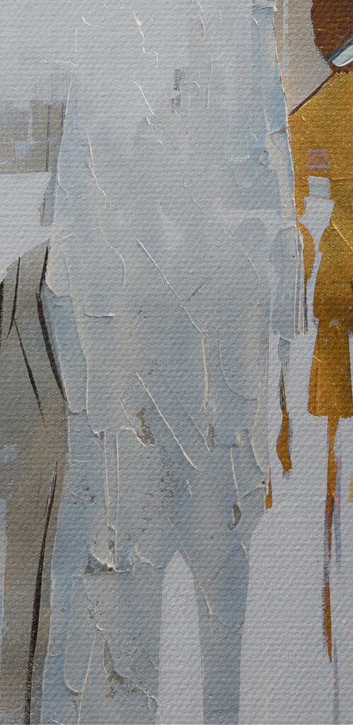 A painting of people walking on a snowy street