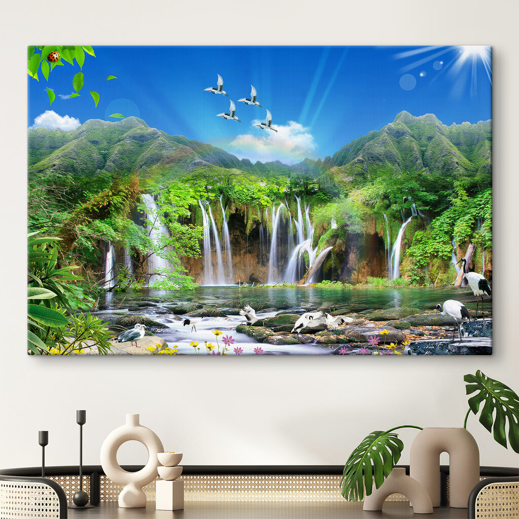 A waterfall with birds flying over it