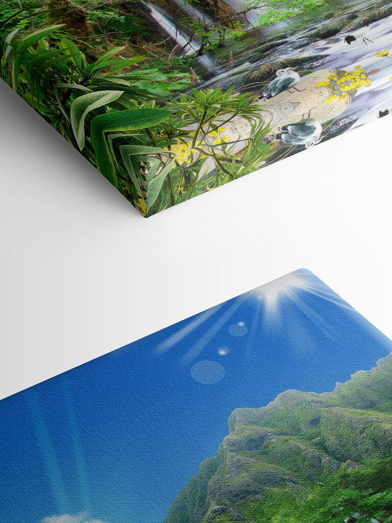 A waterfall with birds flying over it