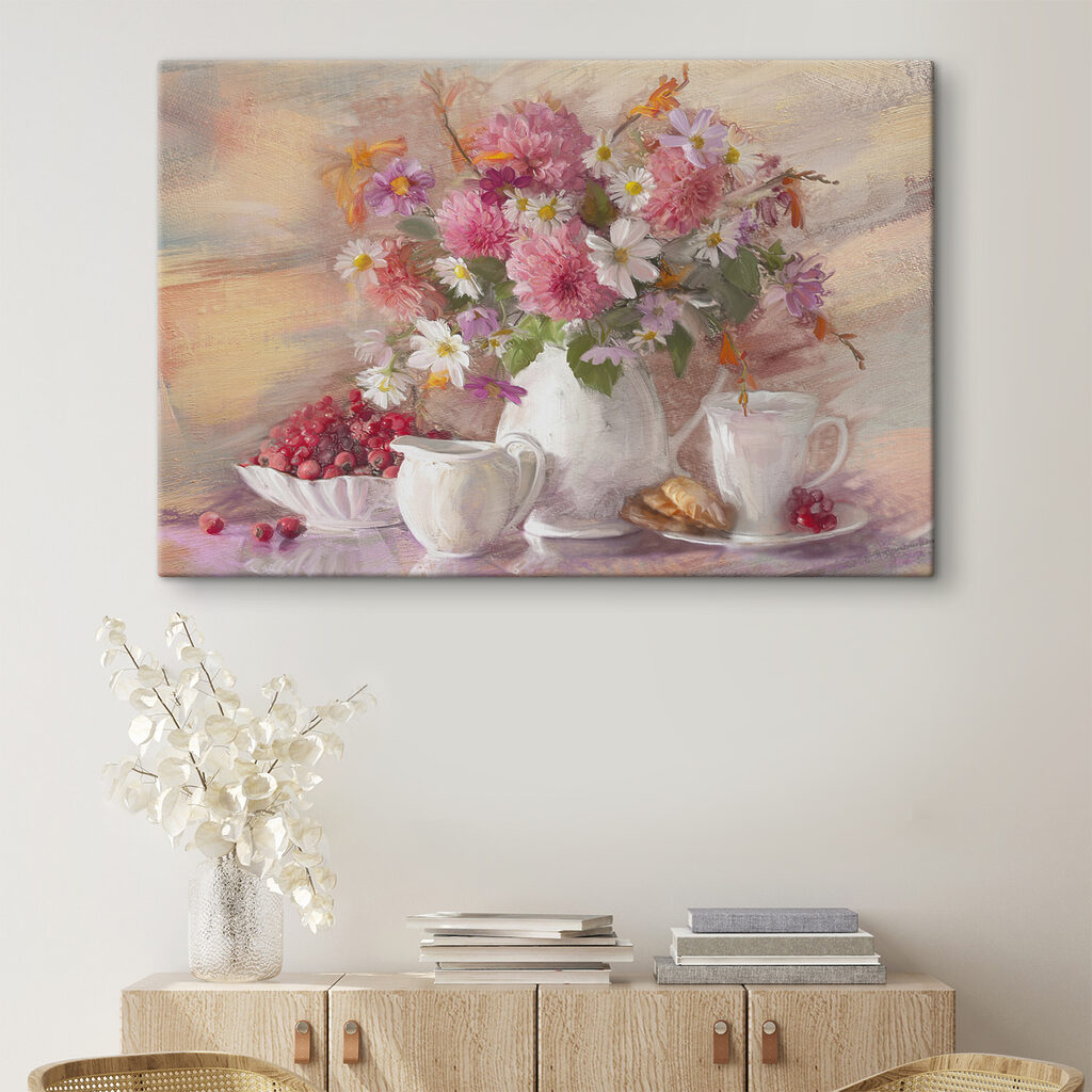 A painting of flowers in a vase and a bowl of food A painting of flowers in a vase and a bowl of food