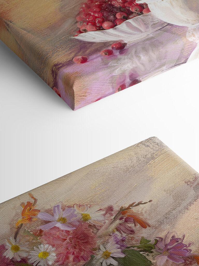 A painting of flowers in a vase and a bowl of food A painting of flowers in a vase and a bowl of food