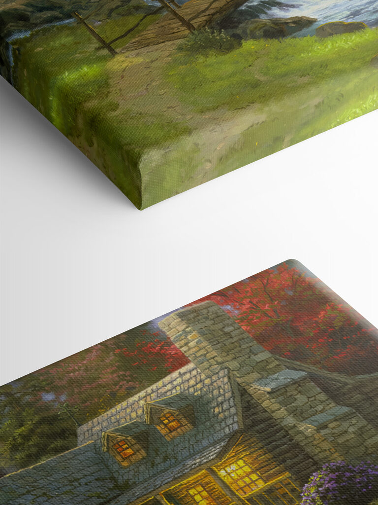 A painting of a log cabin with a bridge over a river