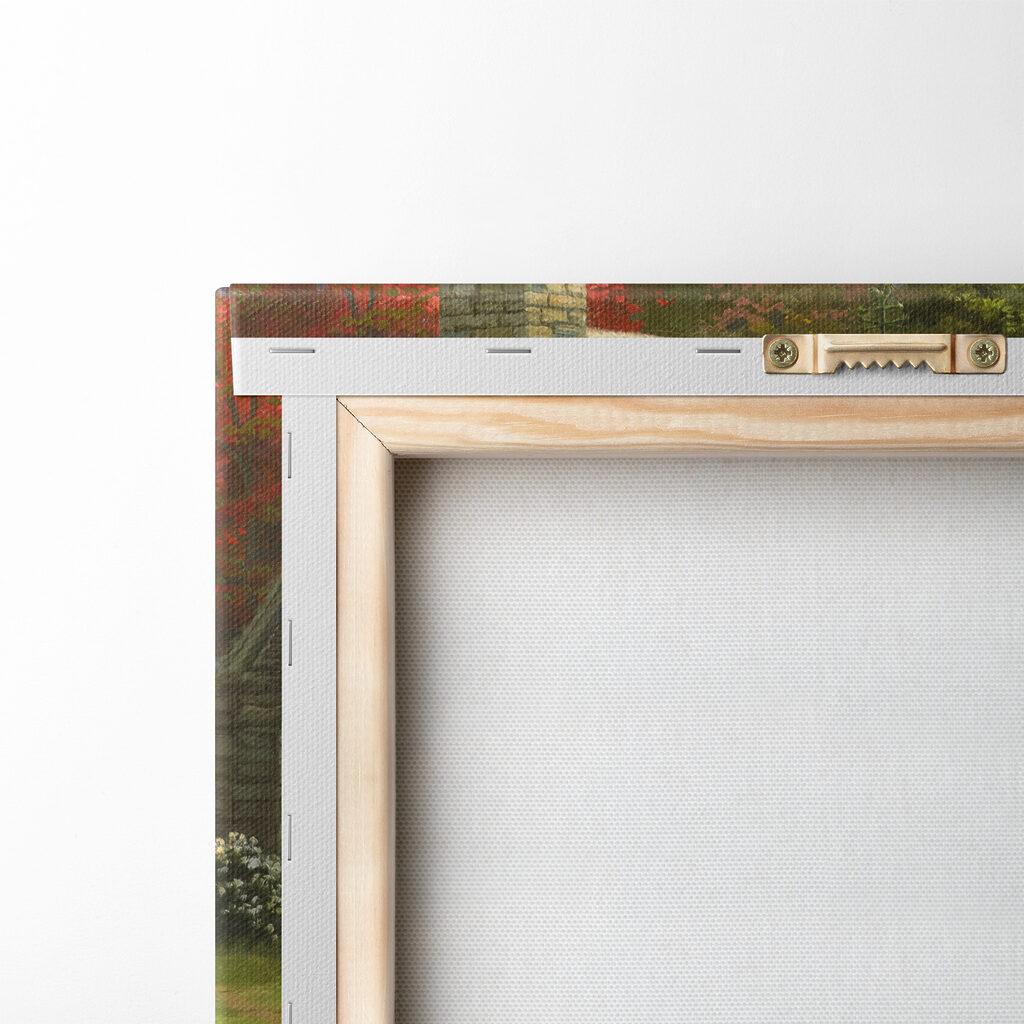 A painting of a log cabin with a bridge over a river