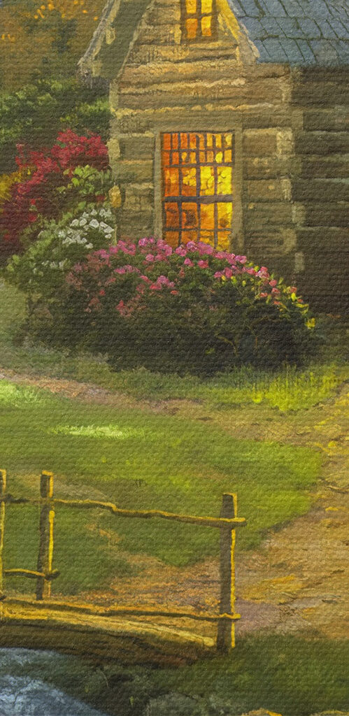 A painting of a log cabin with a bridge over a river