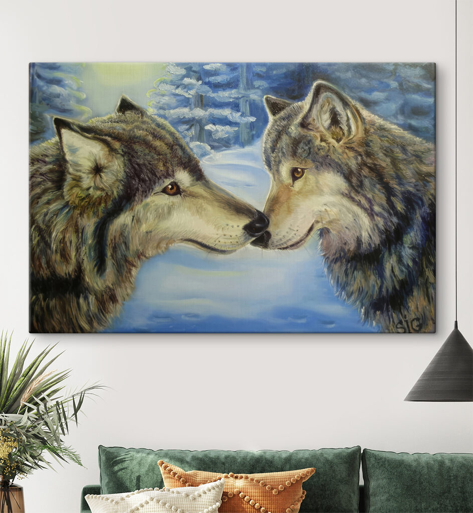 A painting of two wolves kissing A painting of two wolves kissing