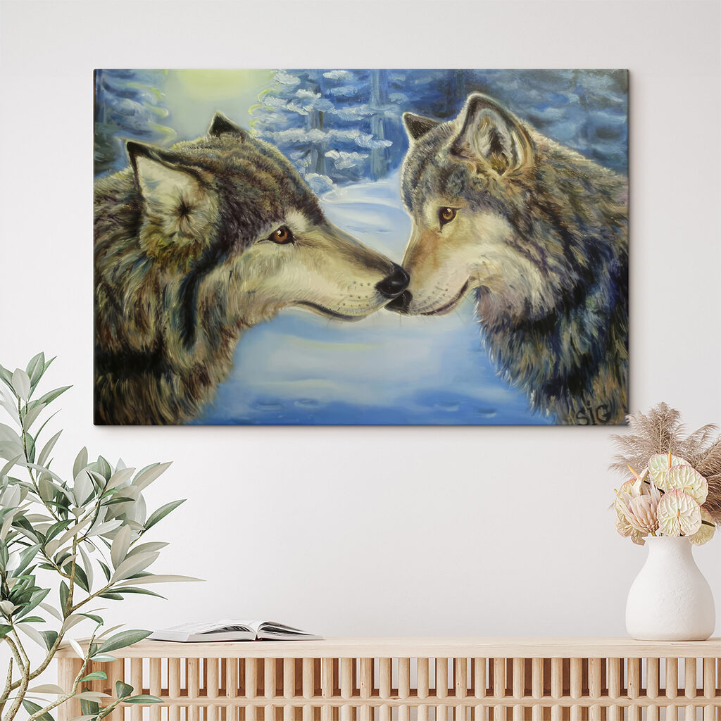 A painting of two wolves kissing A painting of two wolves kissing