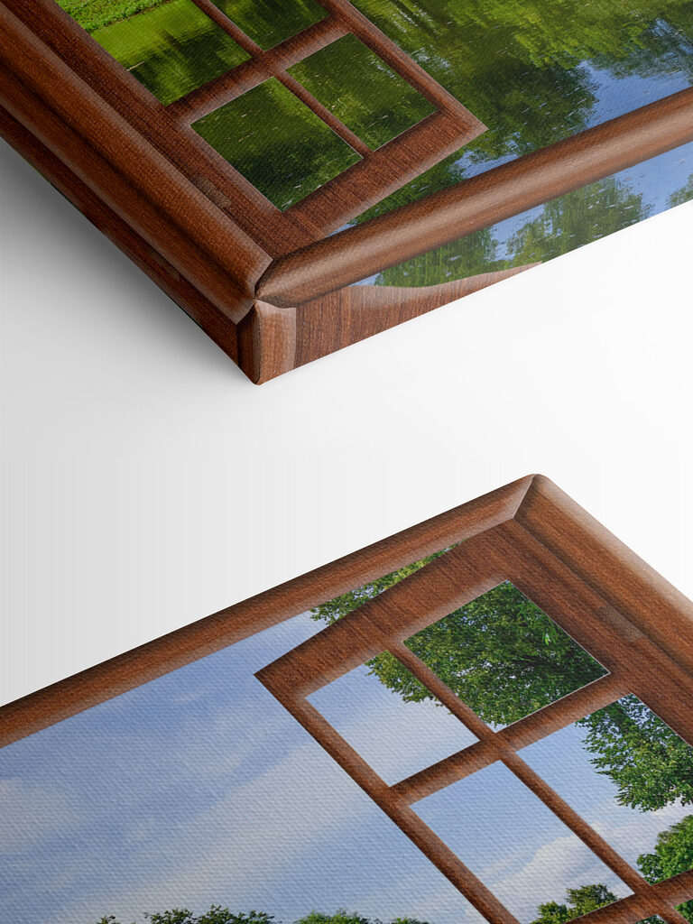 A window with a lake and trees A window with a lake and trees