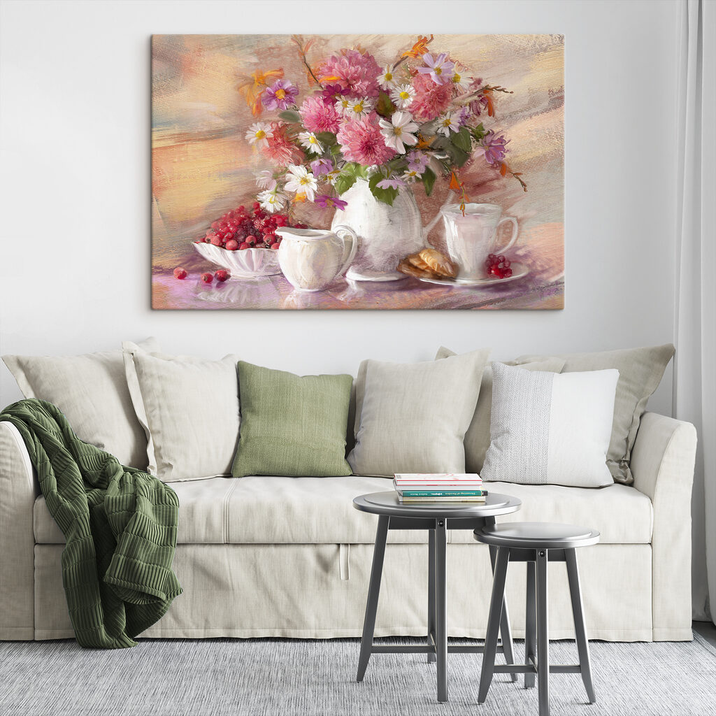 A painting of flowers in a vase and a bowl of croissants