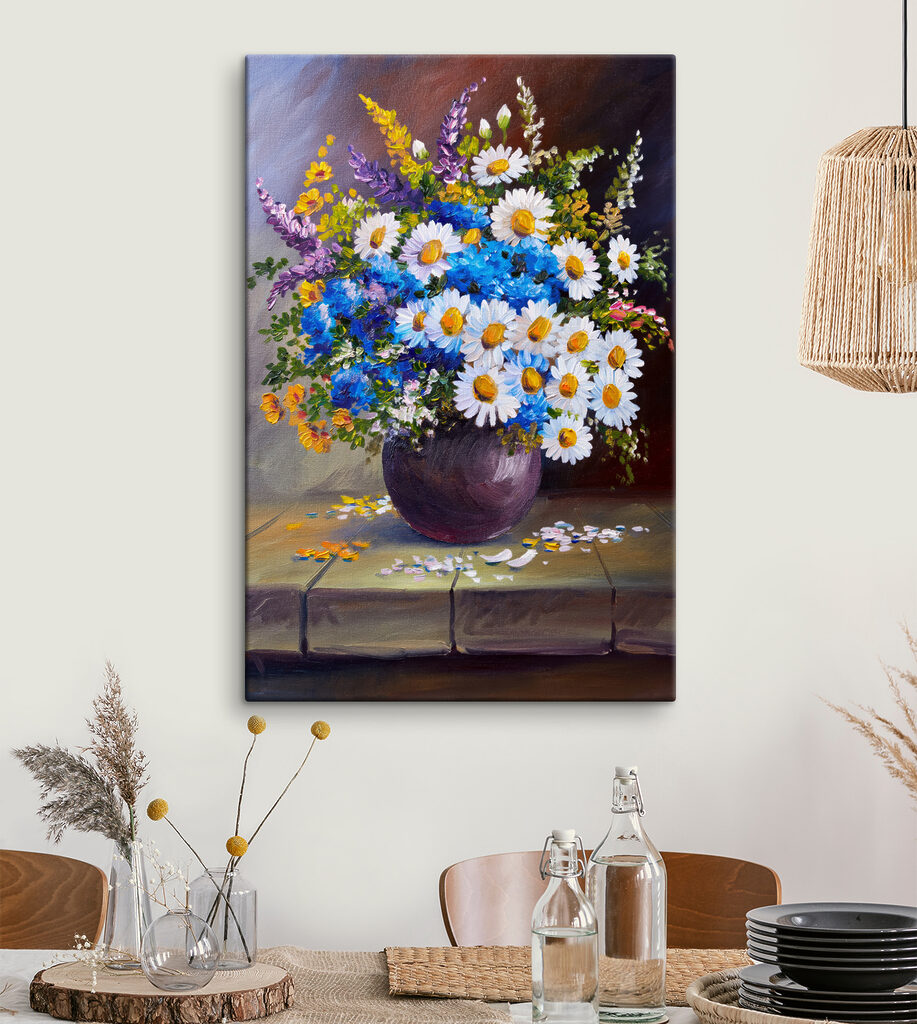 A painting of flowers in a vase