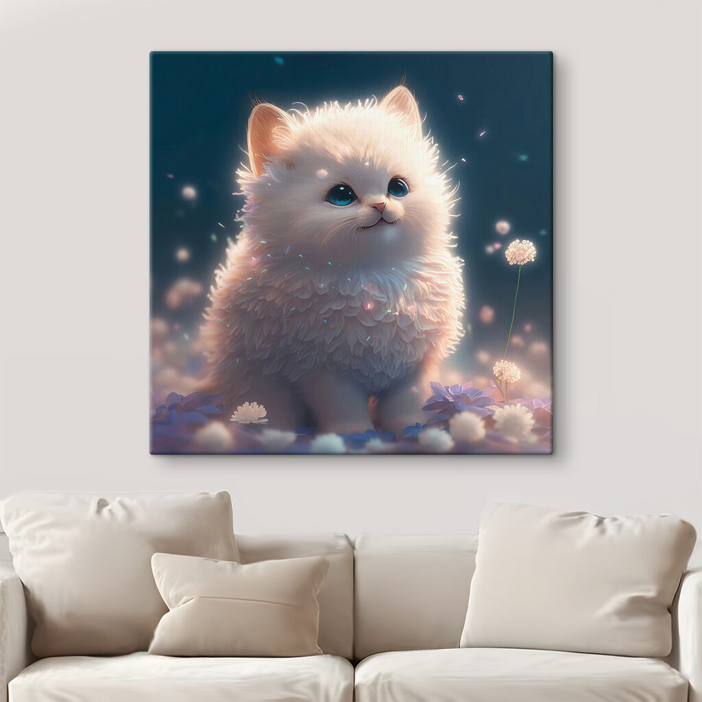 A white fluffy cat with blue eyes