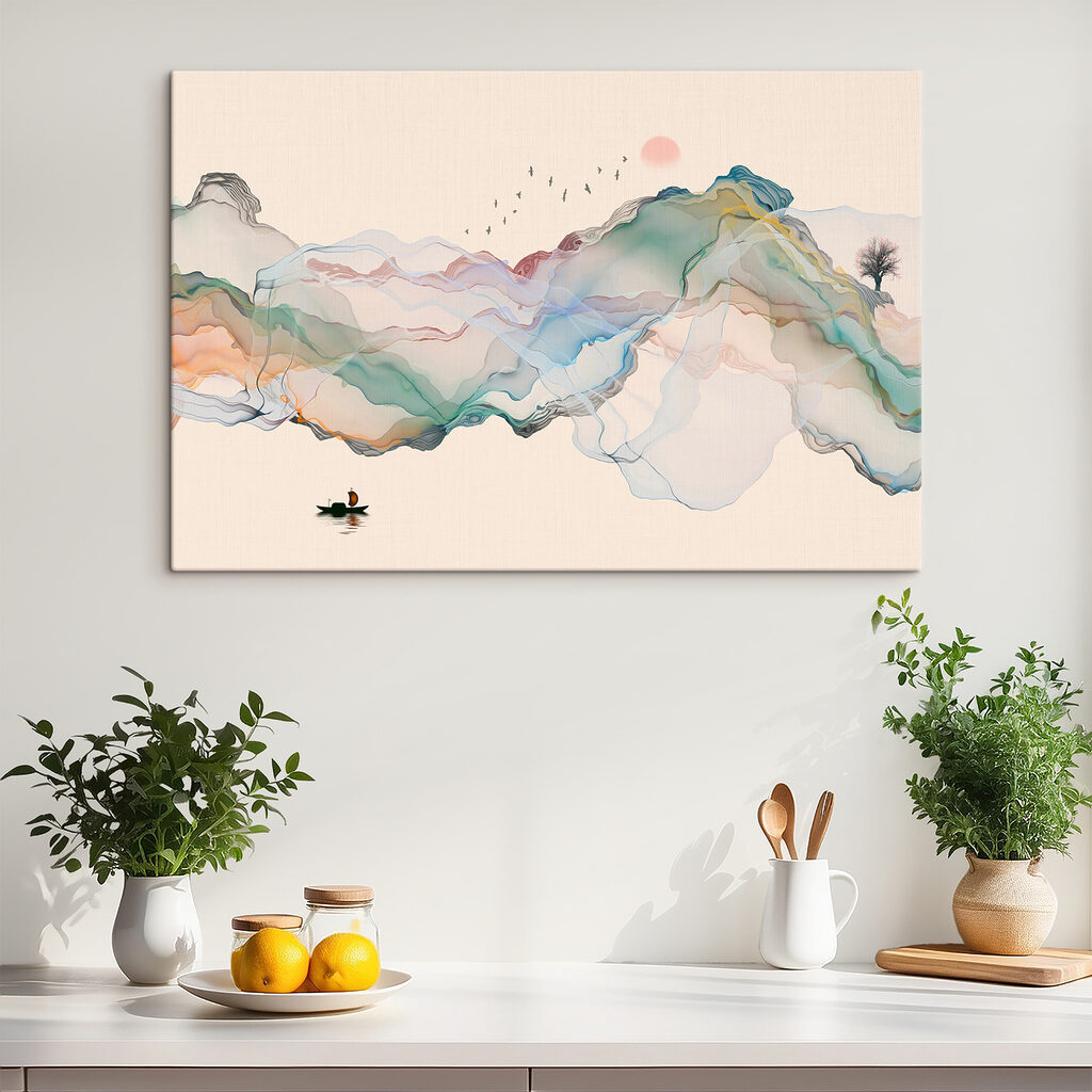 A painting of a boat in the water