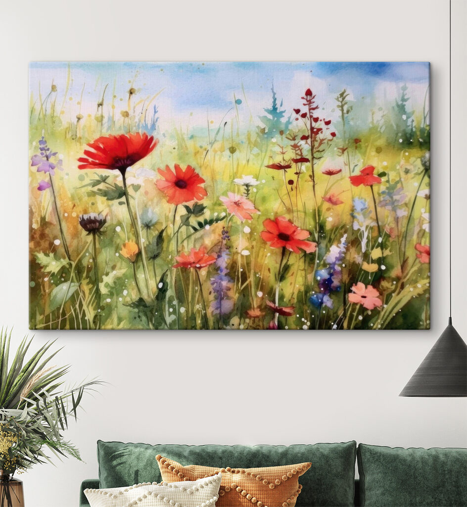 A painting of flowers in a field