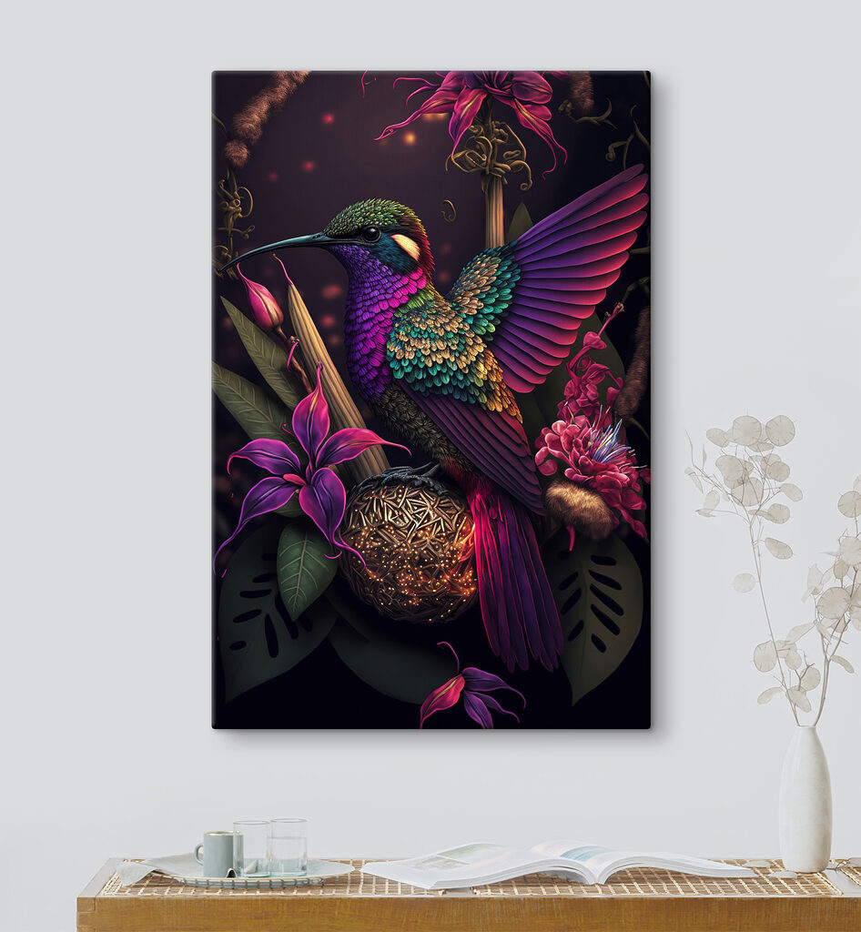 A colorful bird sitting on a ball of flowers A colorful bird sitting on a ball of flowers