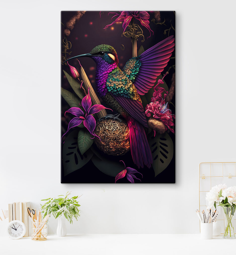 A colorful bird sitting on a ball of flowers A colorful bird sitting on a ball of flowers