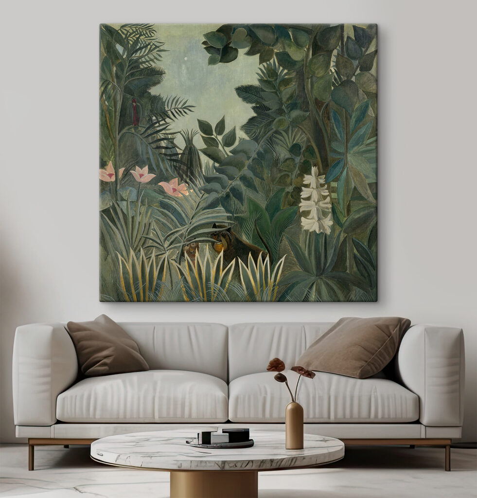 A painting of a jungle with plants and flowers