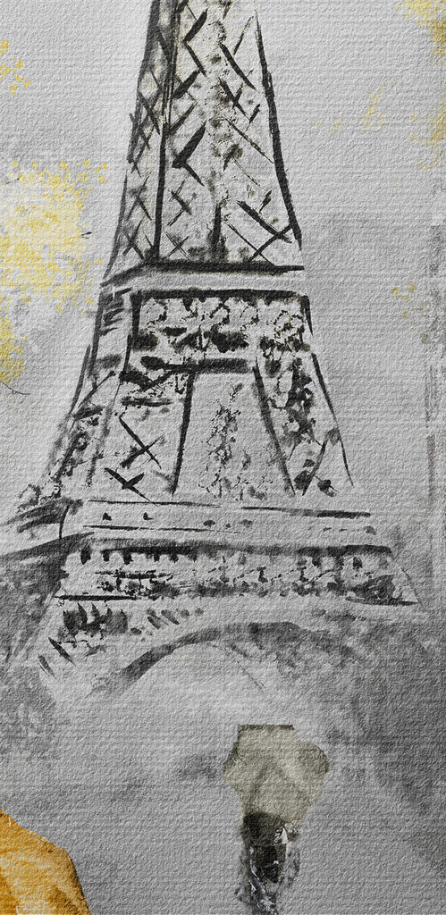 A painting of a street with people walking under an umbrella A painting of a street with people walking under an umbrella