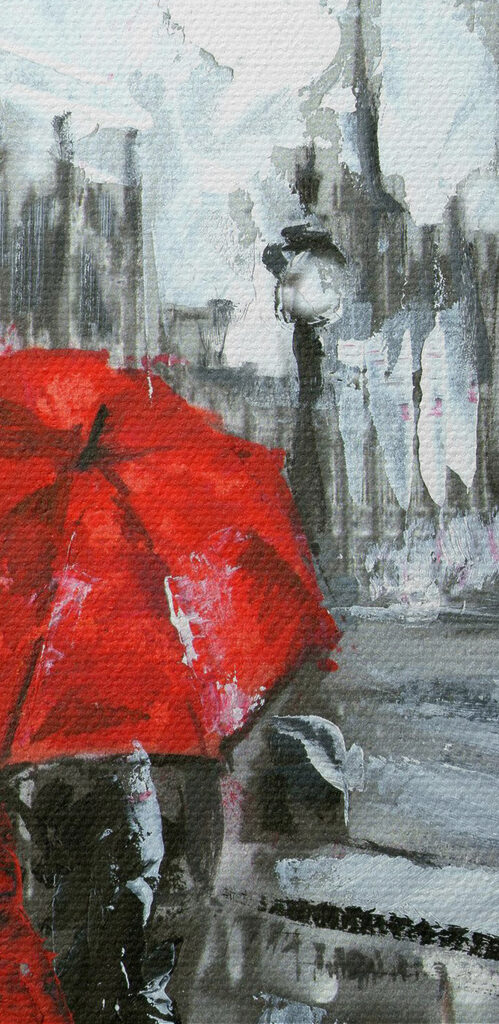 A painting of a couple holding umbrellas in a snowy city A painting of a couple holding umbrellas in a snowy city