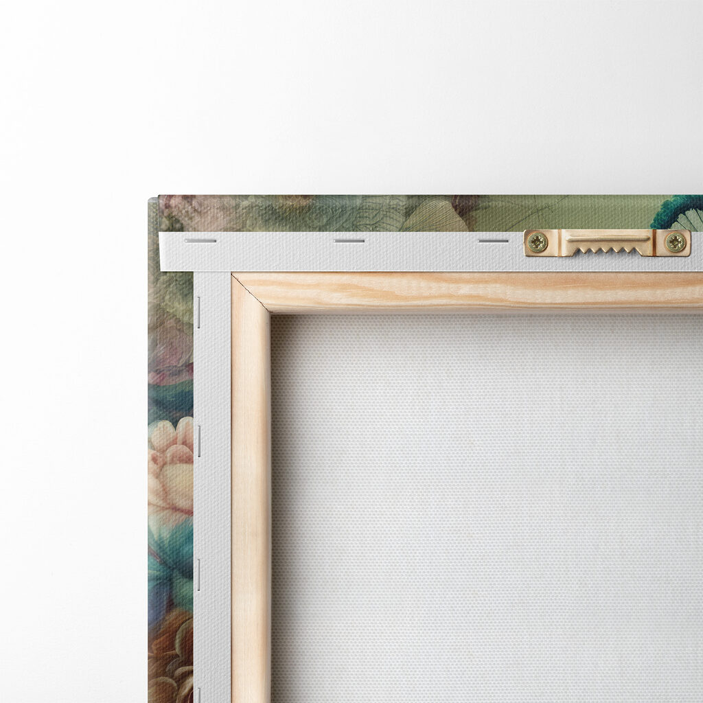 A peacock with flowers and leaves