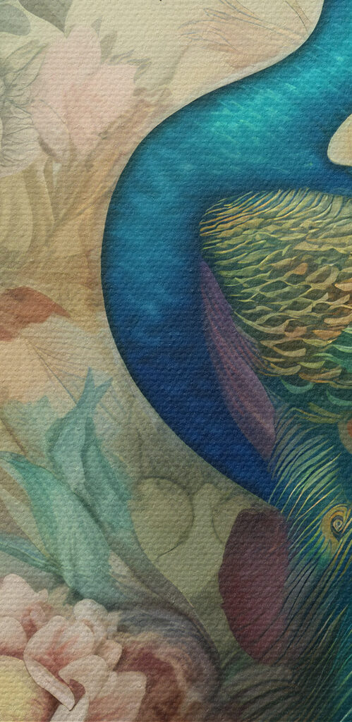 A peacock with flowers and leaves