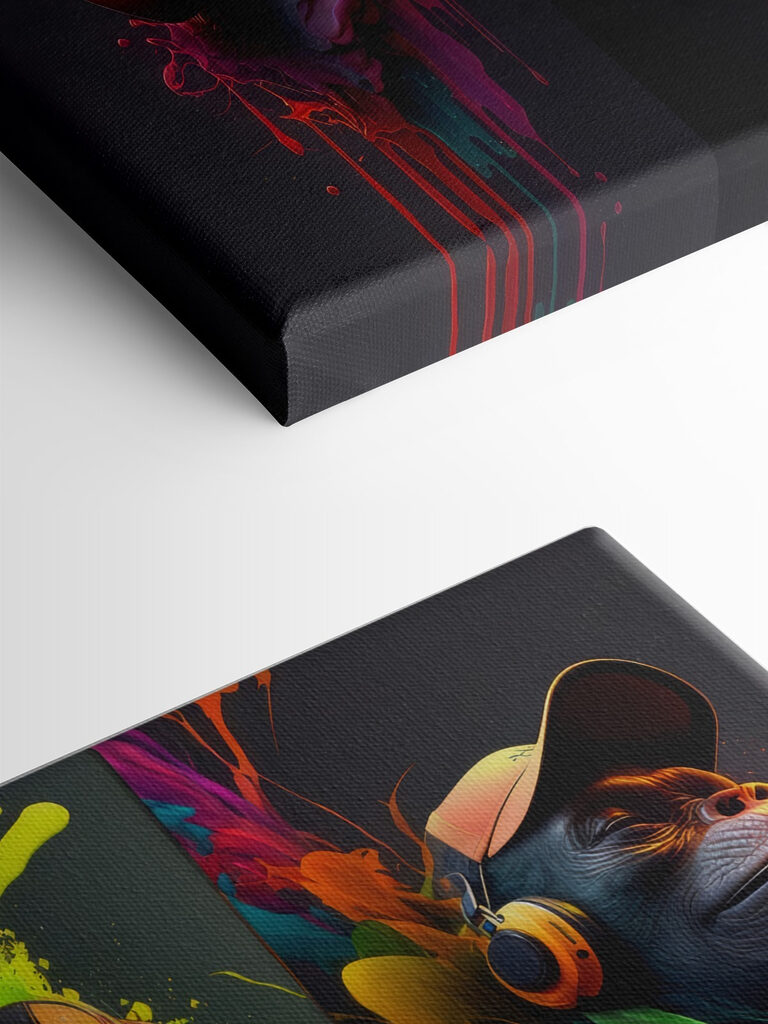 A collage of images of a monkey with colorful paint splashes