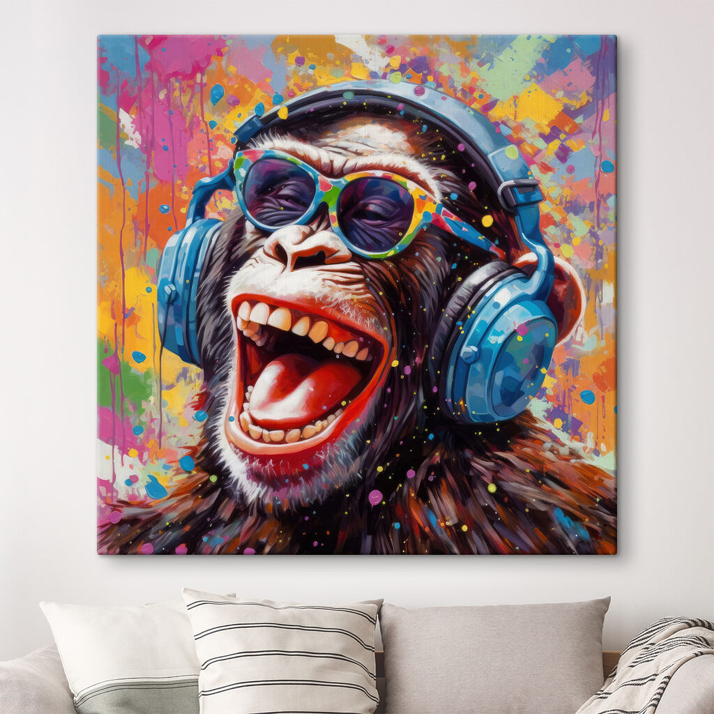 A monkey wearing headphones and sunglasses