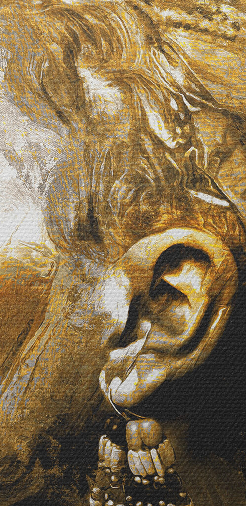 A woman with a turban and a hand on her chin