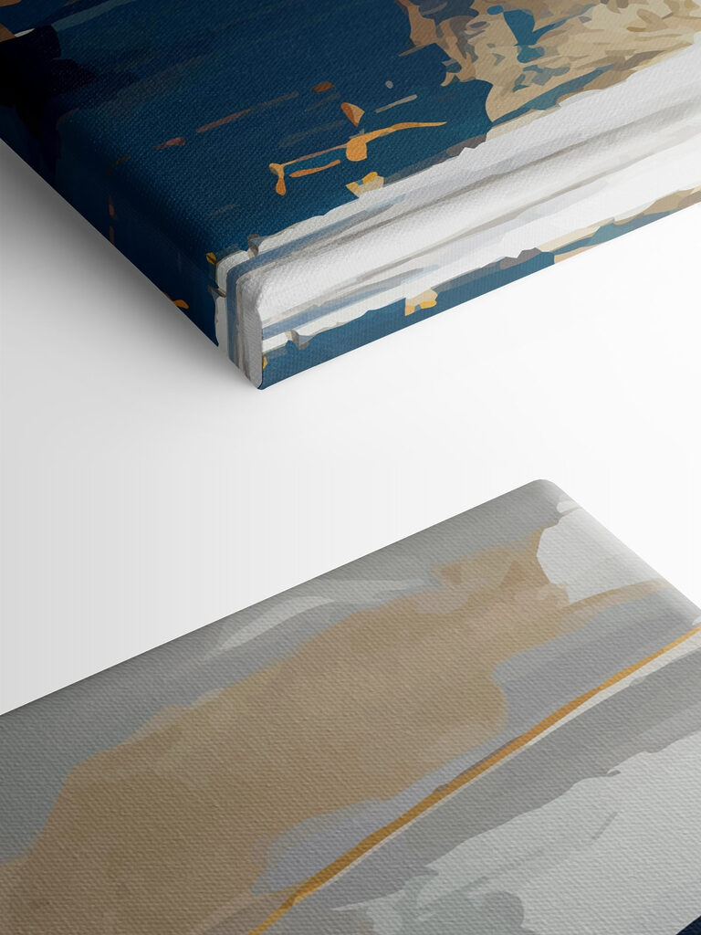 A painting of blue and white and brown paint