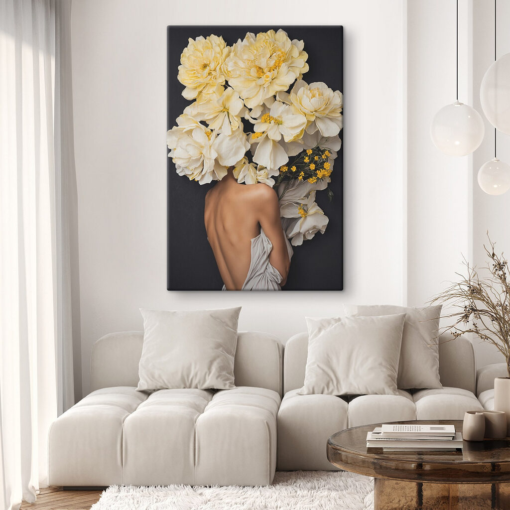 A woman with flowers over her head