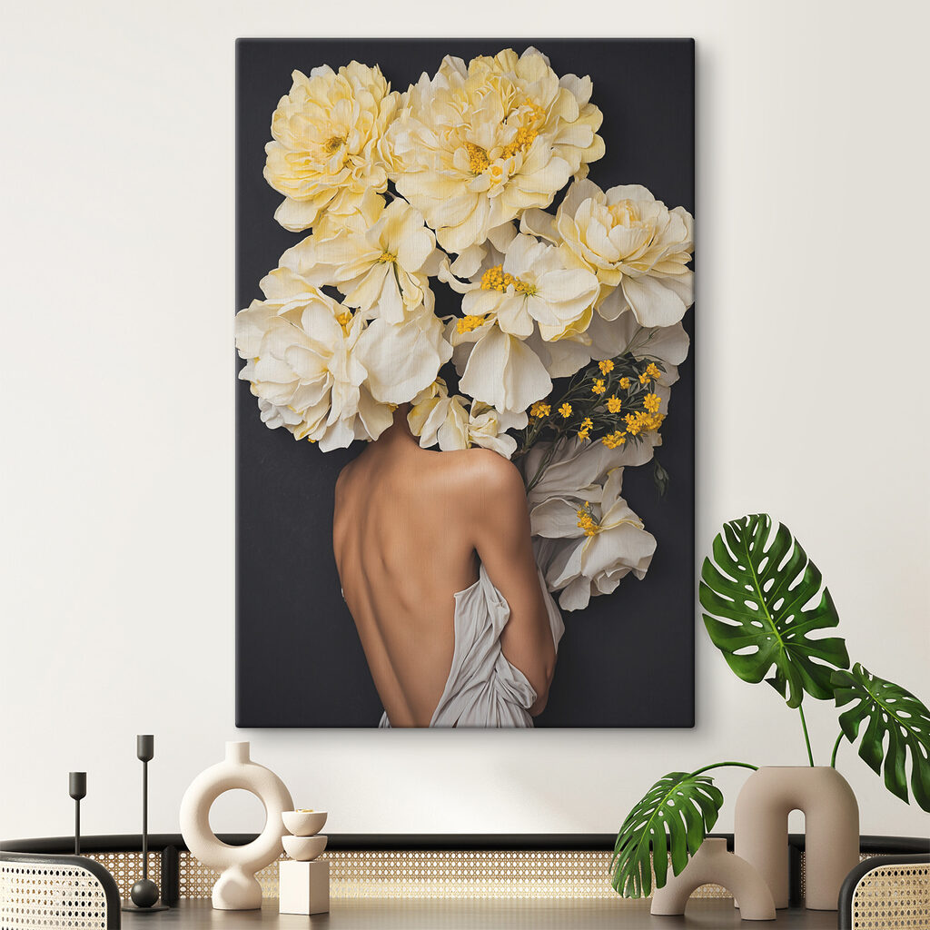 A woman with flowers over her head