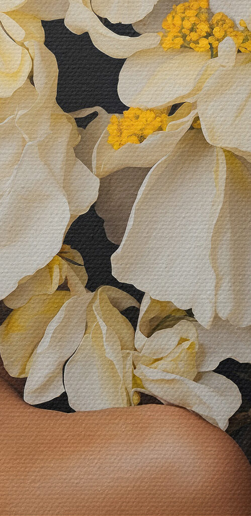 A woman with flowers over her head