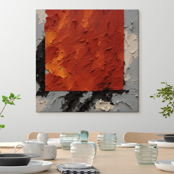 A painting of a red square with black and white paint