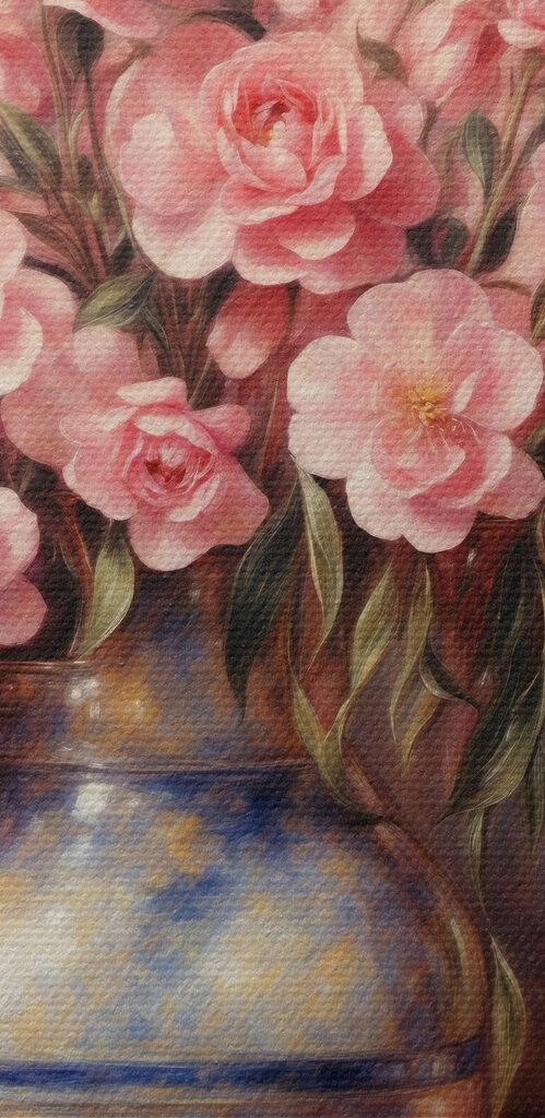 A painting of pink flowers in a vase A painting of pink flowers in a vase