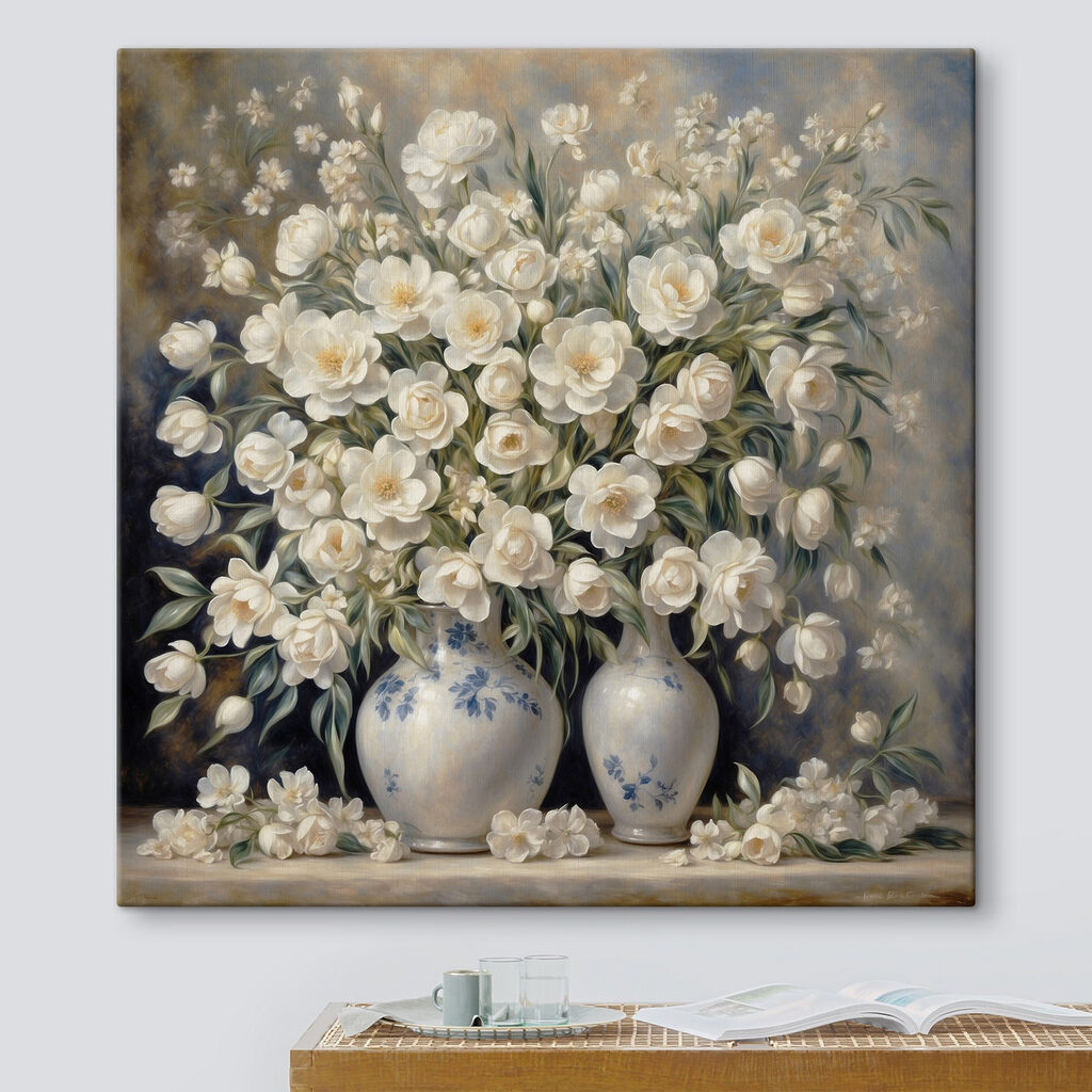 A painting of white flowers in vases A painting of white flowers in vases