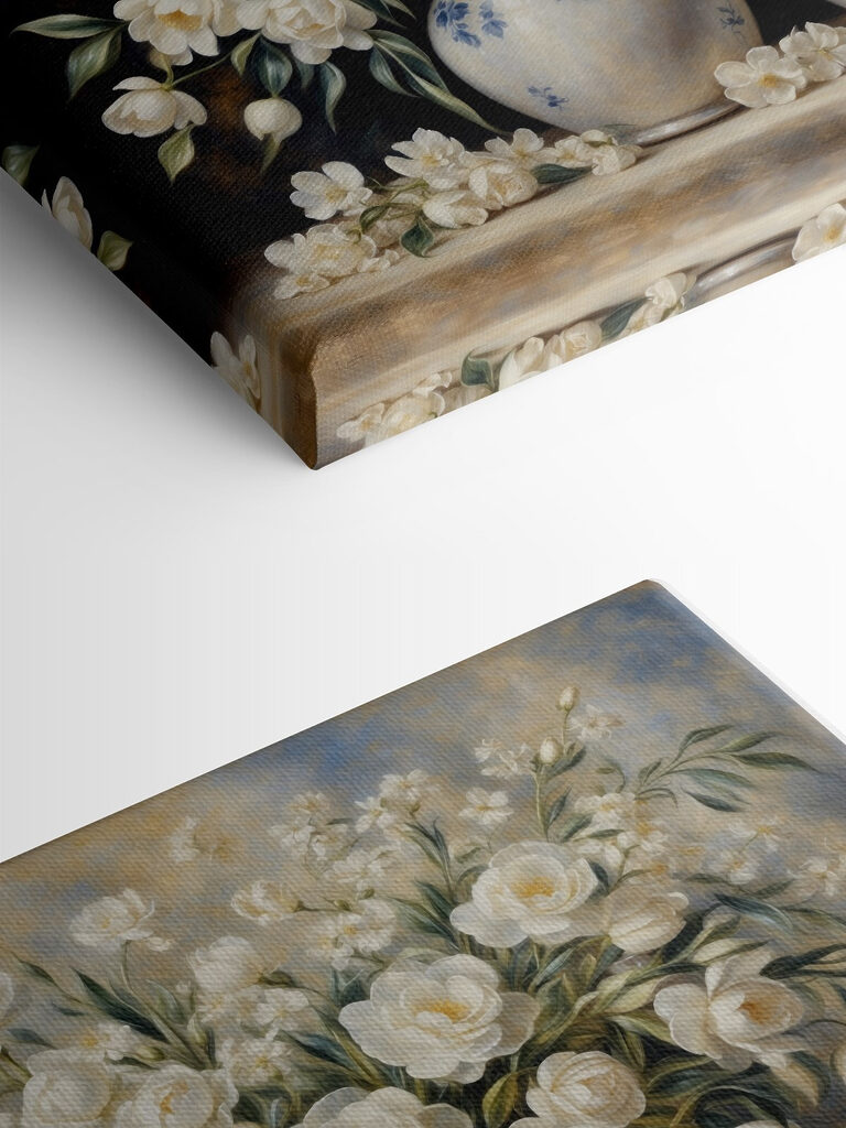 A painting of white flowers in vases A painting of white flowers in vases