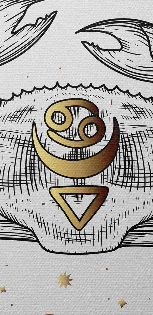 A cancer zodiac sign with planets and stars