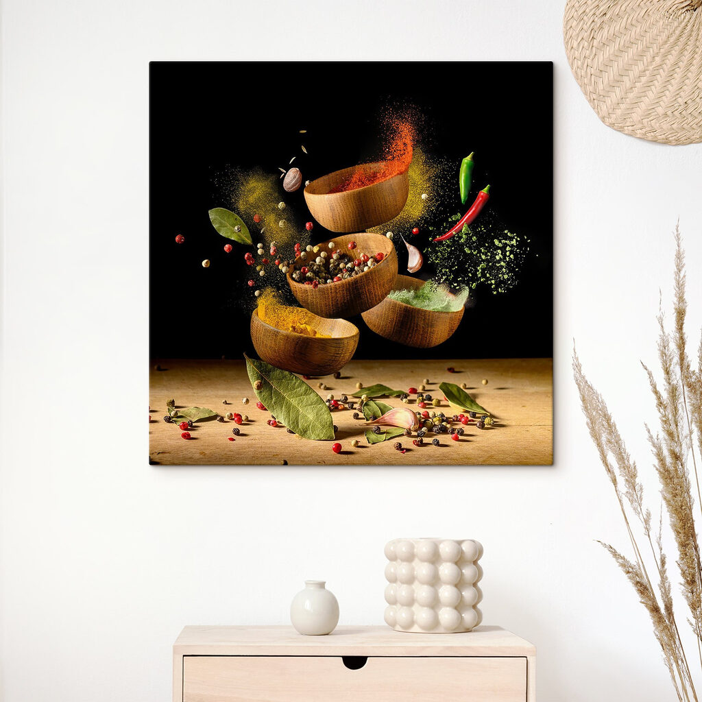 A group of bowls with spices and herbs