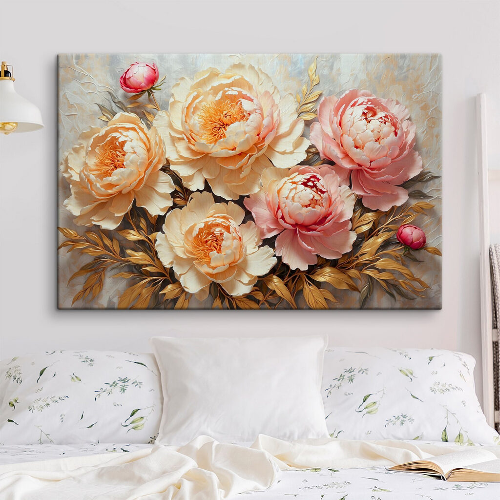 Peonies blooming amid lush foliage