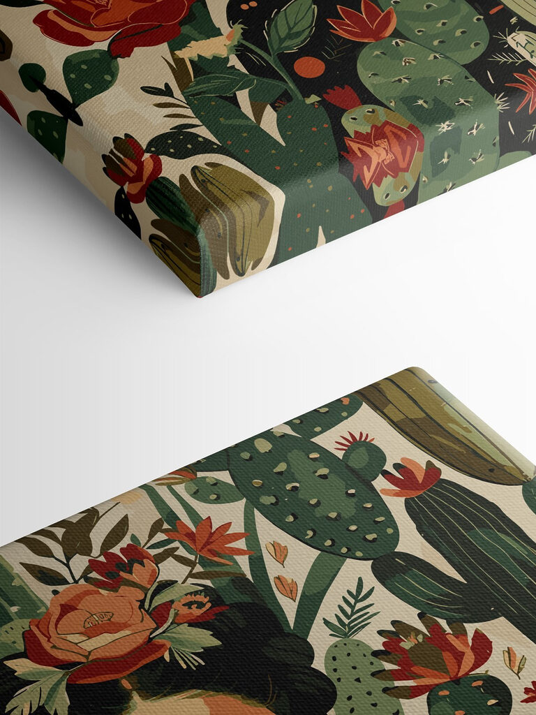 A painting of a woman with cactuses