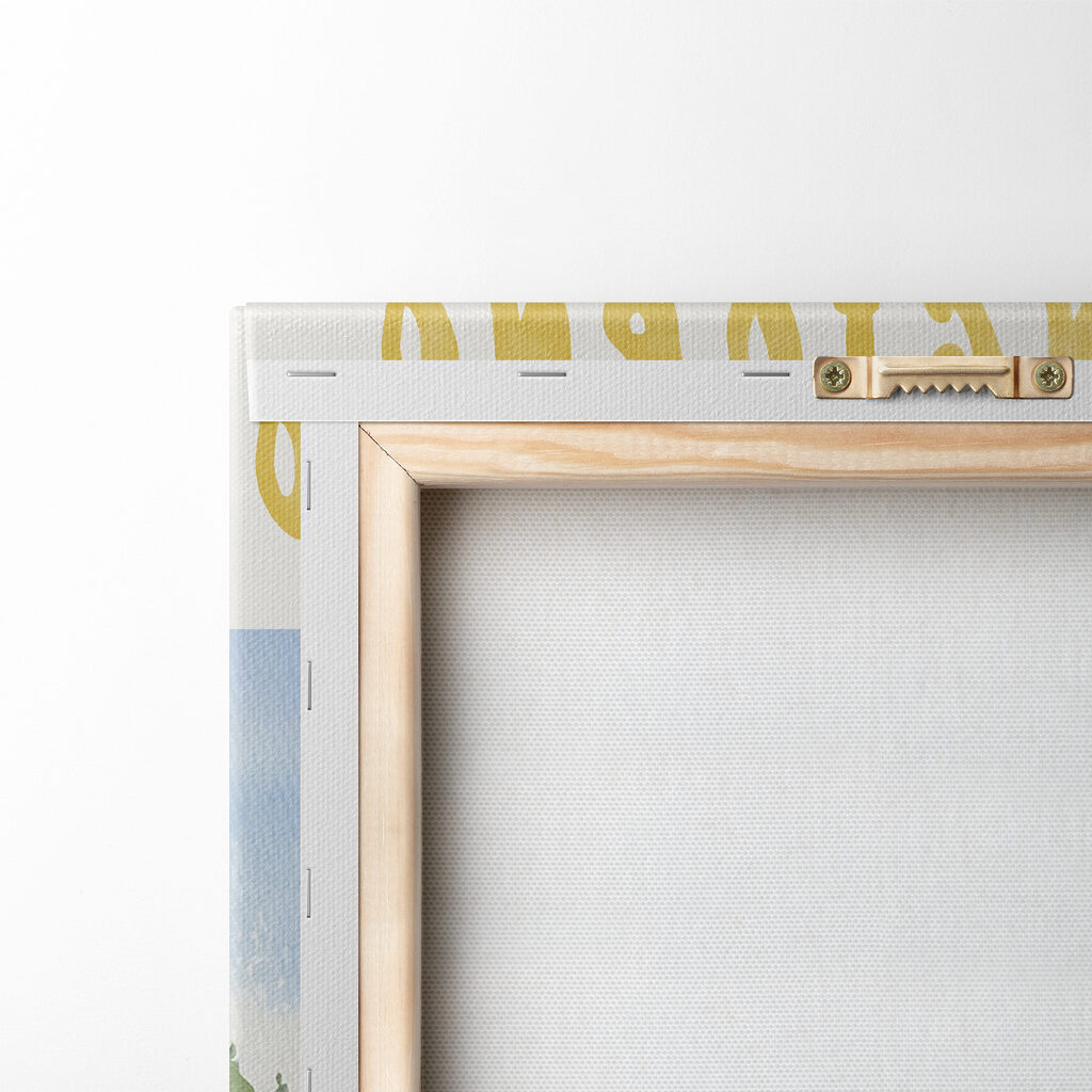 Watercolor painting of a city and a body of water