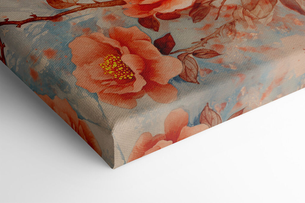 A painting of a peacock on a branch with flowers