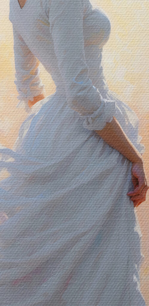 A woman in a white dress and hat