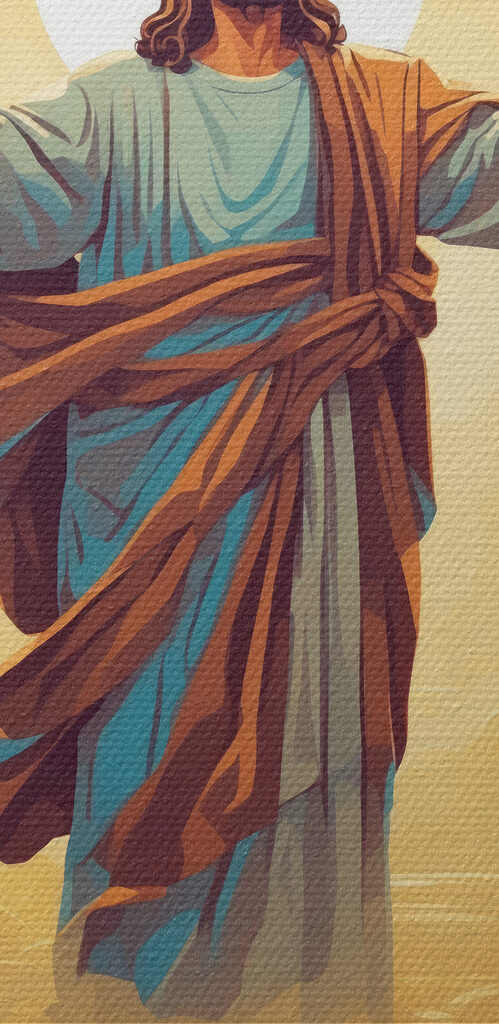 A painting of a man in a robe with his arms out in the air A painting of a man in a robe with his arms out in the air