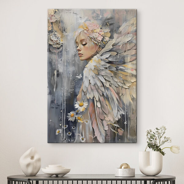A painting of a woman with wings and flowers