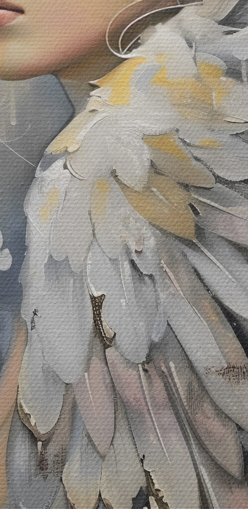 A painting of a woman with wings and flowers