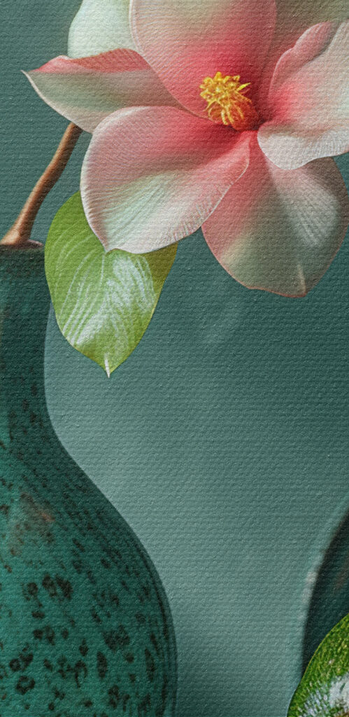 A vase with flowers in it and avocados on a plate