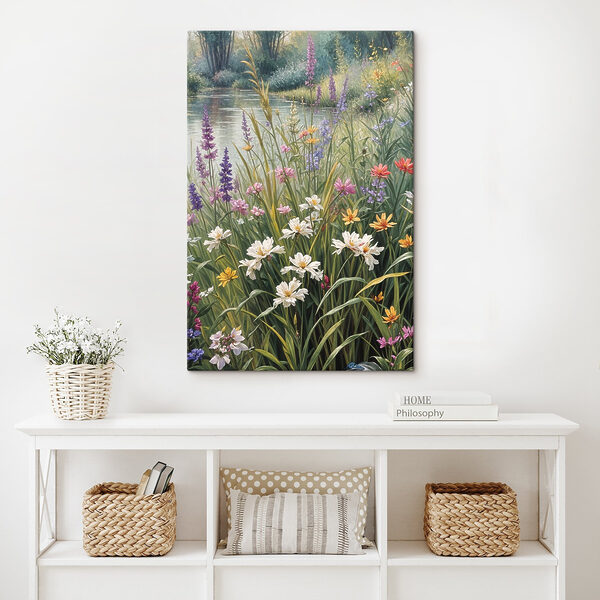 A painting of flowers by a river